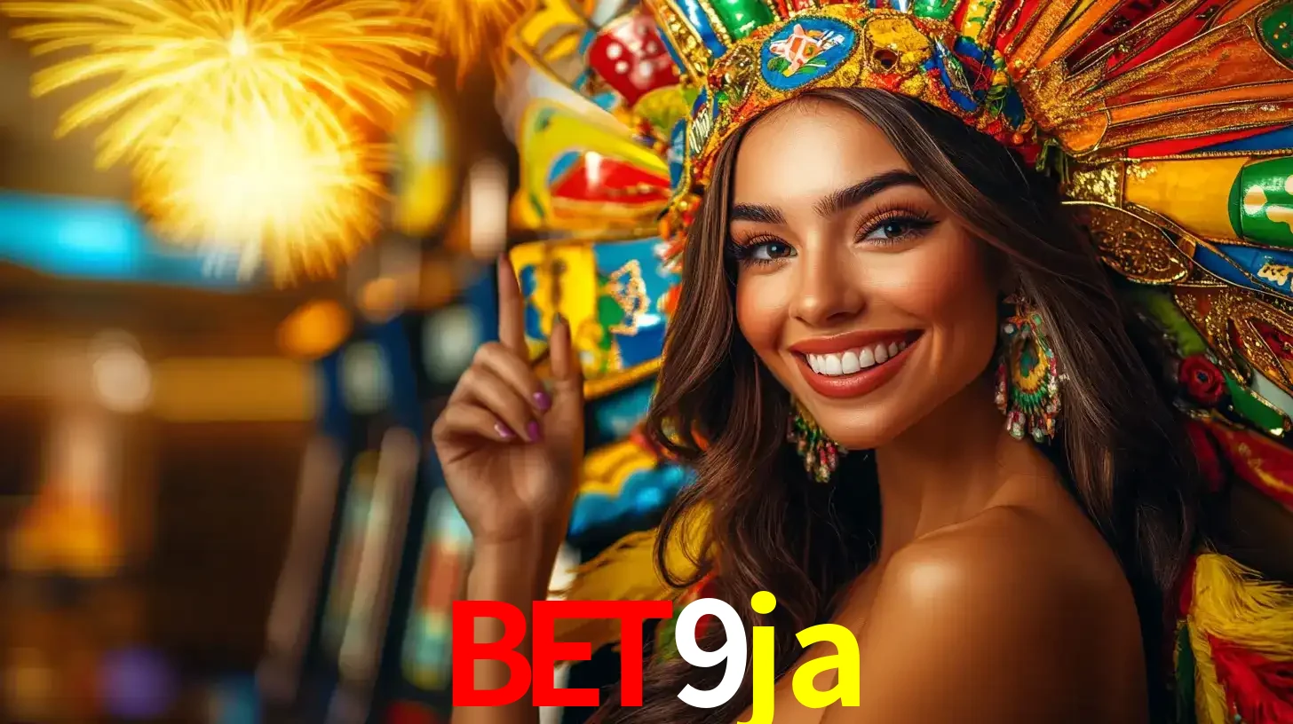 Mulher sorridente com um cocar de carnaval vibrante e colorido, celebrando uma grande vitória nos jogos do cassino bet9ja com fogos de artifício ao fundo.