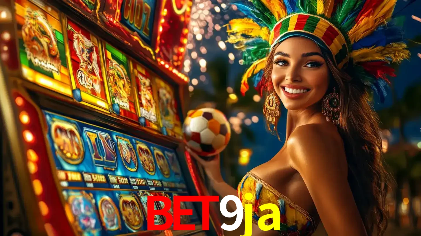 Mulher com um cocar de carnaval ao lado de uma máquina de caça-níqueis enquanto segura uma bola de futebol, mostrando a união da diversão de cassino e esportes no bet9ja.