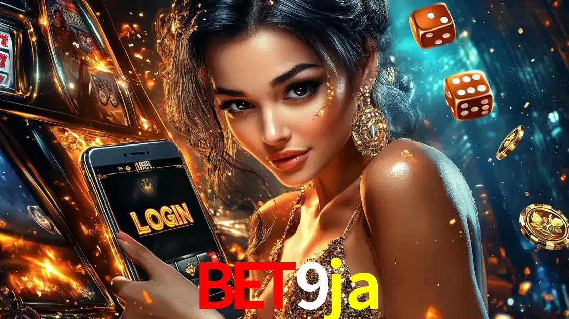 Mulher glamourosa segurando um celular com a tela de login do cassino bet9ja, rodeada por dados e moedas douradas, pronta para começar a diversão.