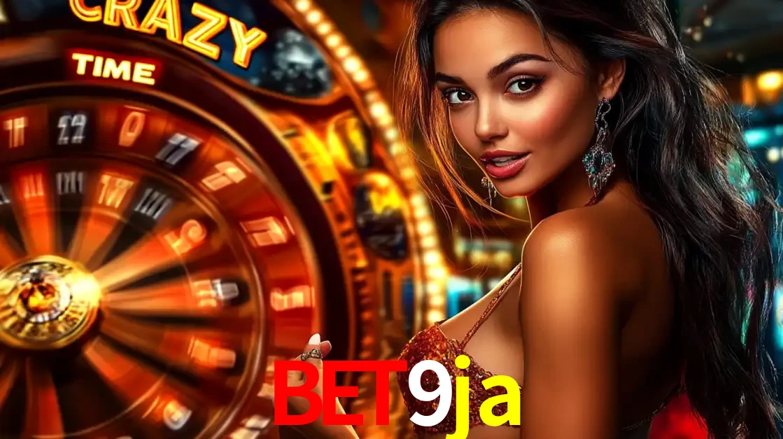 Mulher ao lado da roda de prêmios do jogo de cassino ao vivo Crazy Time, um dos shows de jogos mais emocionantes oferecidos pela plataforma de apostas bet9ja.