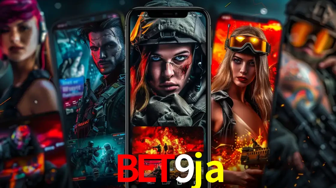 Montagem de telas de celular mostrando diversos personagens, masculinos e femininos, de um jogo de tiro, ilustrando a diversidade de equipes de e-sports para apostar no bet9ja.