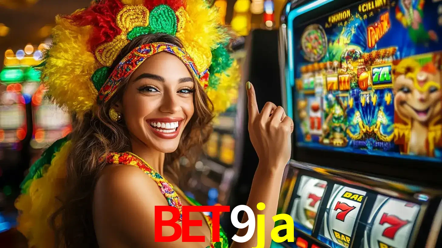 Mulher animada com um cocar de carnaval apontando para uma máquina de caça-níqueis, mostrando a emoção de ganhar um grande prêmio nos jogos do bet9ja.