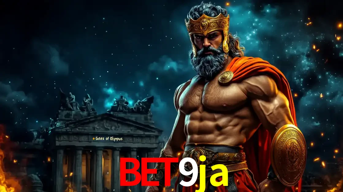 O poderoso Zeus do jogo de slot Gates of Olympus em frente ao seu templo, pronto para lançar multiplicadores divinos e prêmios épicos no cassino online bet9ja.