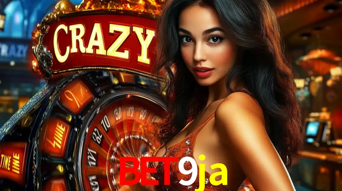 Mulher glamourosa olhando para a câmera com a roda vermelha do Crazy Time ao fundo em um ambiente de cassino, destacando a emoção dos jogos ao vivo no bet9ja.