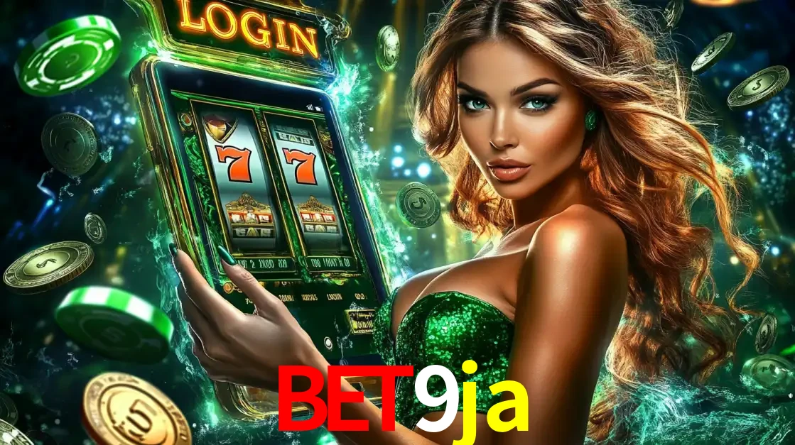 Mulher com tema verde apresentando o aplicativo do cassino bet9ja com um jogo de slot de 777, cercada por fichas de cassino e uma aura de sorte.