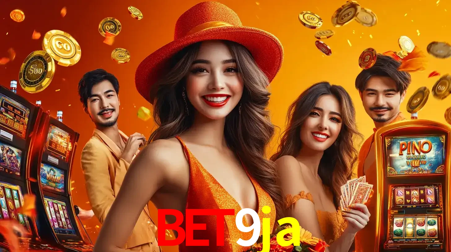 Grupo de amigos asiáticos sorrindo e se divertindo com máquinas de caça-níqueis em um ambiente festivo, celebrando suas vitórias nos jogos de cassino do bet9ja.