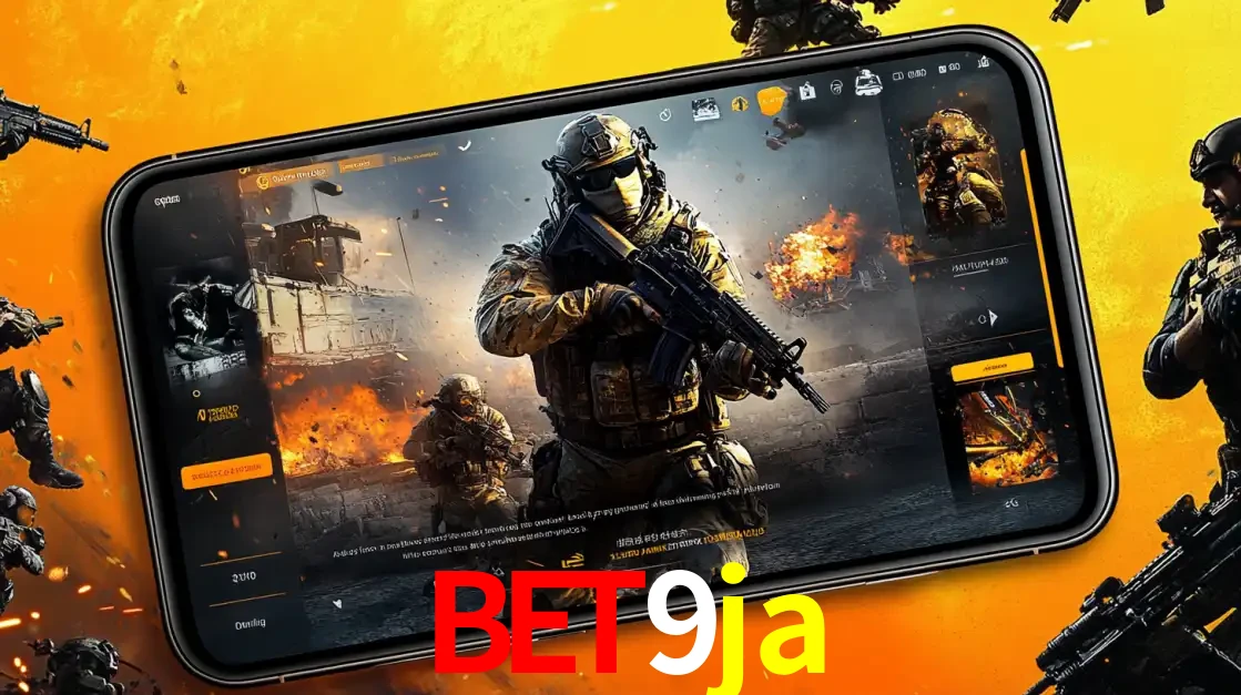 Um smartphone exibindo a interface de um jogo de tiro em primeira pessoa, com um soldado em um cenário de batalha, representando a ação dos e-sports para apostar no bet9ja.