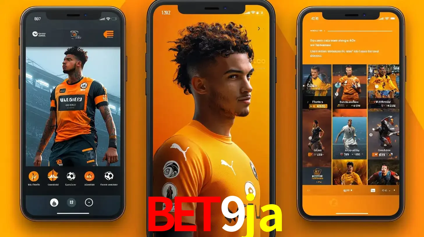 Interface do aplicativo de apostas esportivas bet9ja em três telas de celular, mostrando o perfil de um jogador de futebol e a lista de jogos disponíveis para apostar.