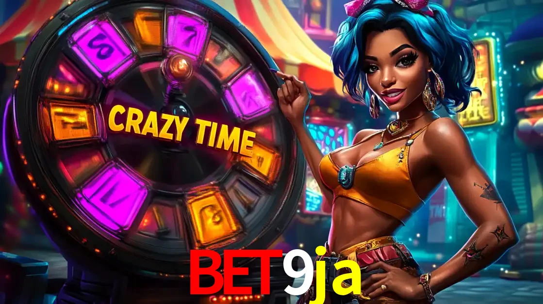 Mulher estilizada com cabelo azul e visual vibrante posando ao lado da roda de prêmios do game show Crazy Time, convidando para a diversão e os bônus do cassino bet9ja.