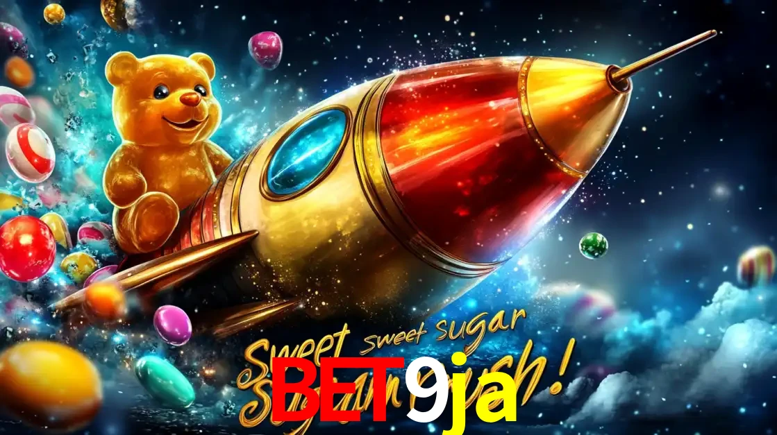 Arte promocional do jogo de slot Sugar Rush, com um urso de pelúcia em um foguete viajando pelo espaço de doces, um dos jogos divertidos disponíveis no cassino bet9ja.