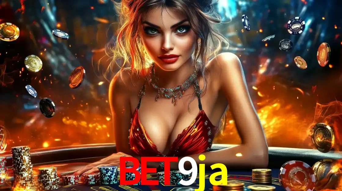 Mulher em uma mesa de cassino com pilhas de fichas e um fundo de fogo, pronta para uma rodada de altas apostas nos jogos de mesa emocionantes do cassino bet9ja.