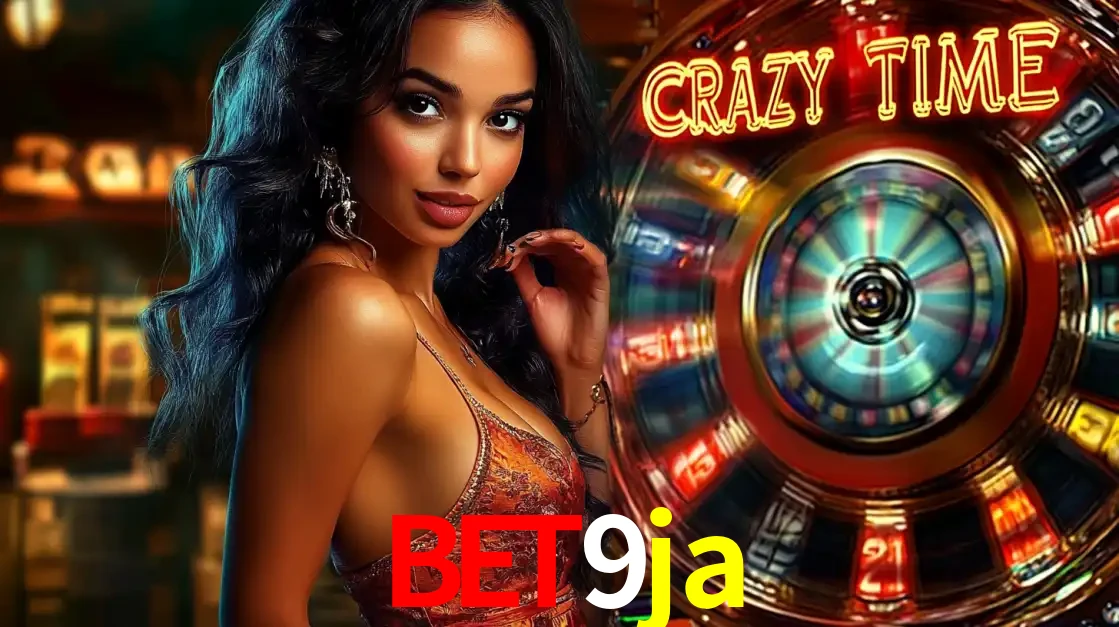 Mulher elegante ao lado da vibrante roda da fortuna do jogo de cassino ao vivo Crazy Time, um dos game shows mais populares e cheios de prêmios do bet9ja.