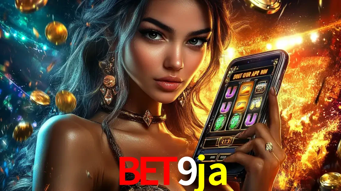 Mulher elegante mostrando um jogo de caça-níqueis em seu smartphone, destacando a experiência de cassino móvel oferecida pelo aplicativo bet9ja.