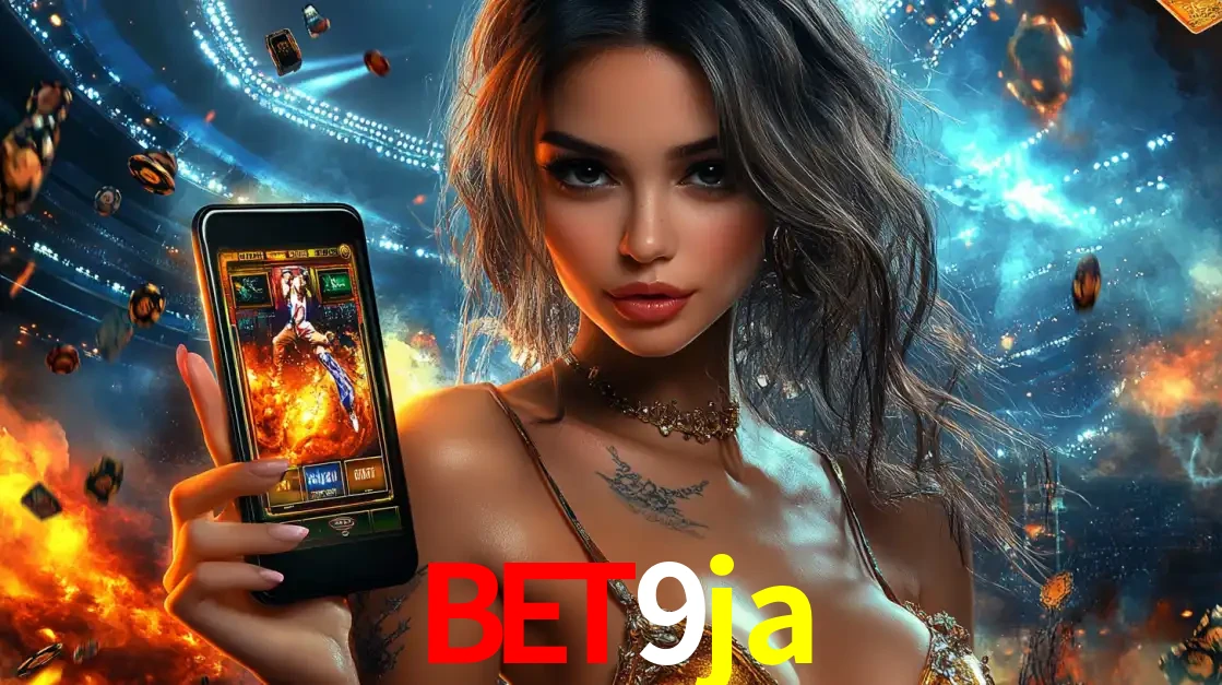 Mulher segurando um celular com um jogo de slot em destaque, tendo como fundo um estádio vibrante, simbolizando a emoção de jogar no cassino móvel bet9ja.