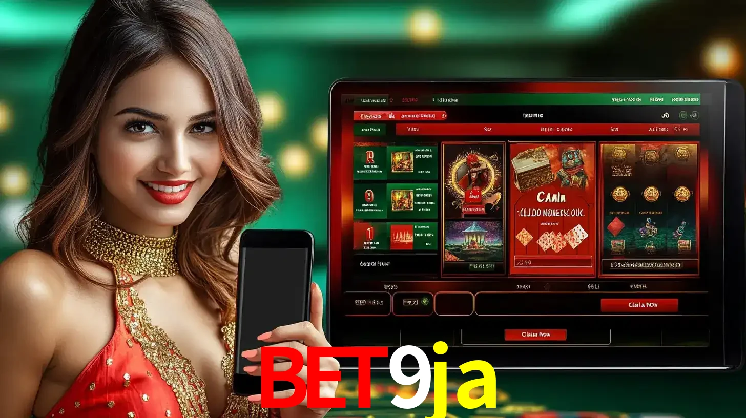 Mulher sorridente segurando um smartphone, ao lado de uma tela exibindo o lobby de jogos do cassino online bet9ja, com várias opções de jogos de cartas e slots.